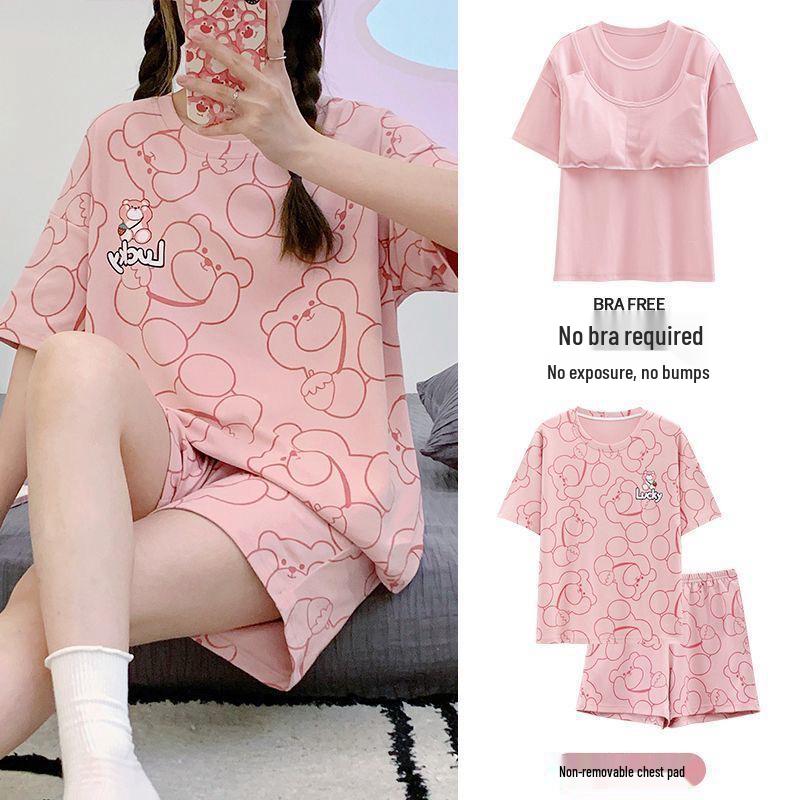 Korean Style Women's Cartoon Pajamas Set with Built-in Bra - Short-Sleeved, Loose, Plus Size, Summer Homewear