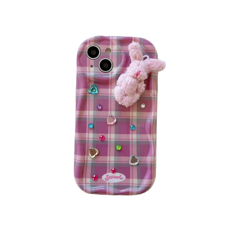Korejský roztomilý mřížkový vzor diamantové srdce pouzdro pro iPhone 14 13 12 11 Pro Max 3d plyšový krásný králík nárazuvzdorný měkký kryt Funda
