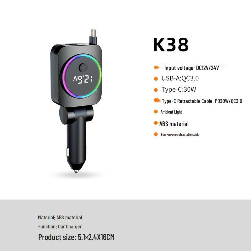 

Выдвижное автомобильное зарядное устройство 4-в-1 с быстрой зарядкой Type-C и адаптер прикуривателя