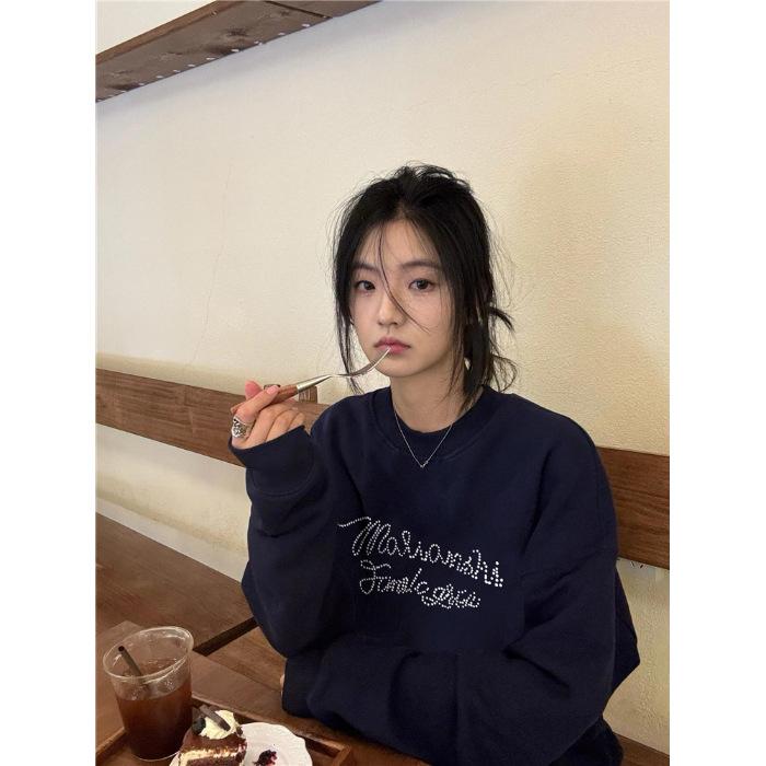 

Женские модные повседневные весенне-осенние блузки и рубашки с круглым вырезом с длинными рукавами Size: One Size темно-синий