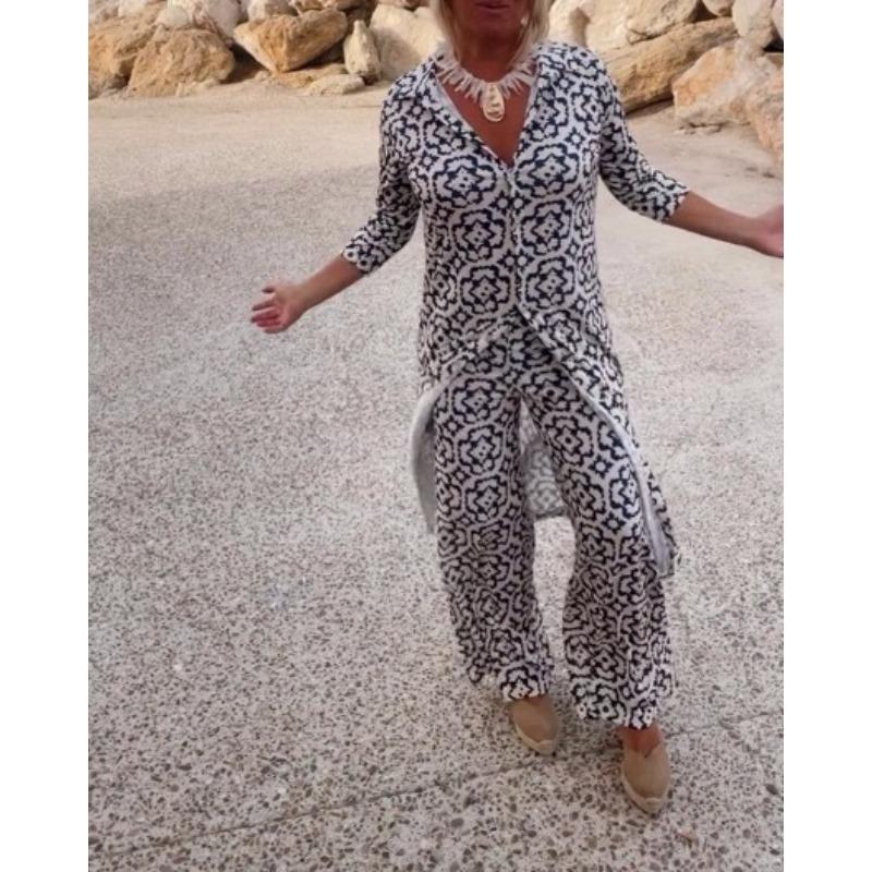 

IHUASU Женские модные повседневные однотонные с принтом костюмы-двойки с длинным рукавом и воротником-поло S тёмно-синий