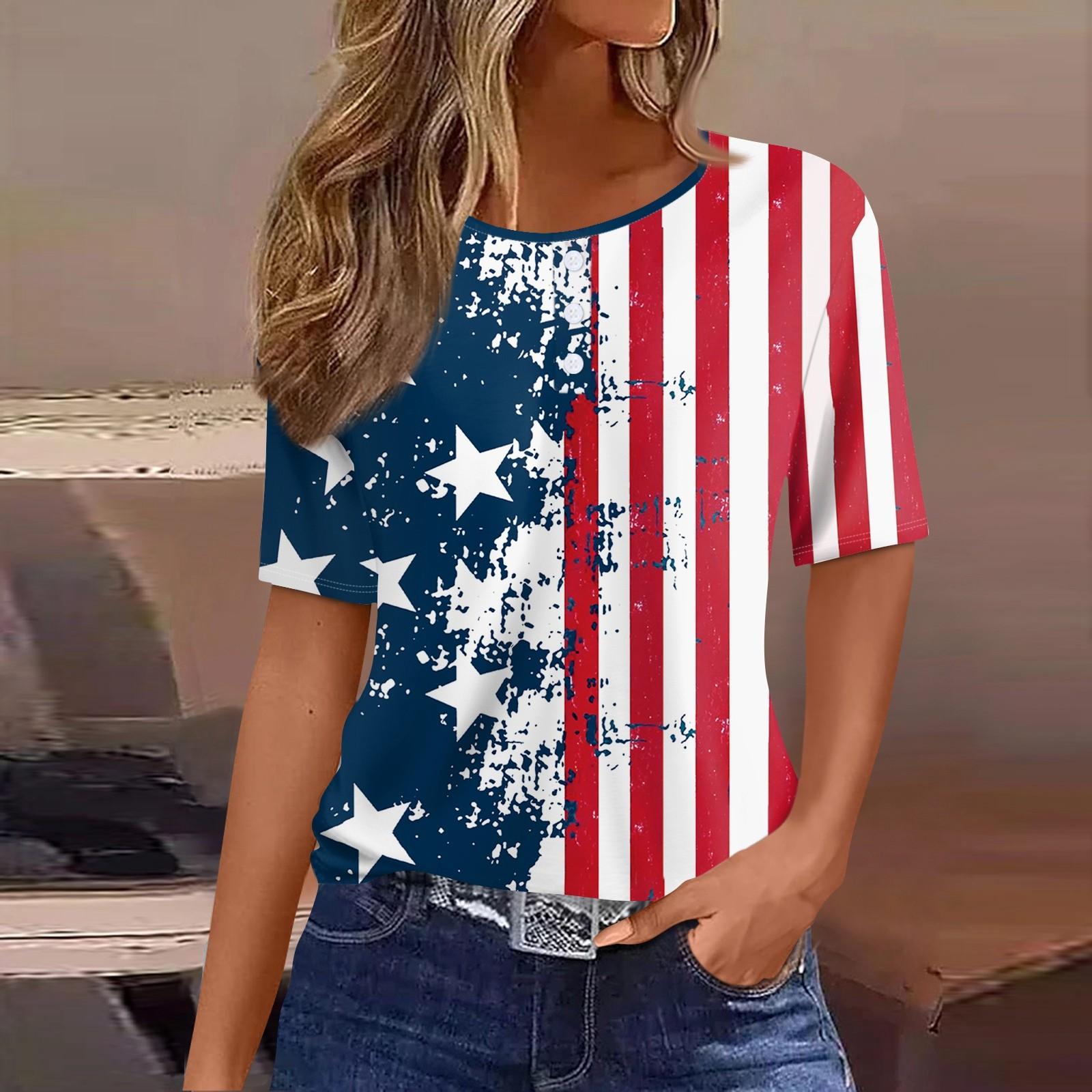 

Женская футболка Футболка с принтом «День независимости» и пуговицами С коротким рукавом Повседневные Выходные Мода Классический Круглый вырез Обычный топ S синий