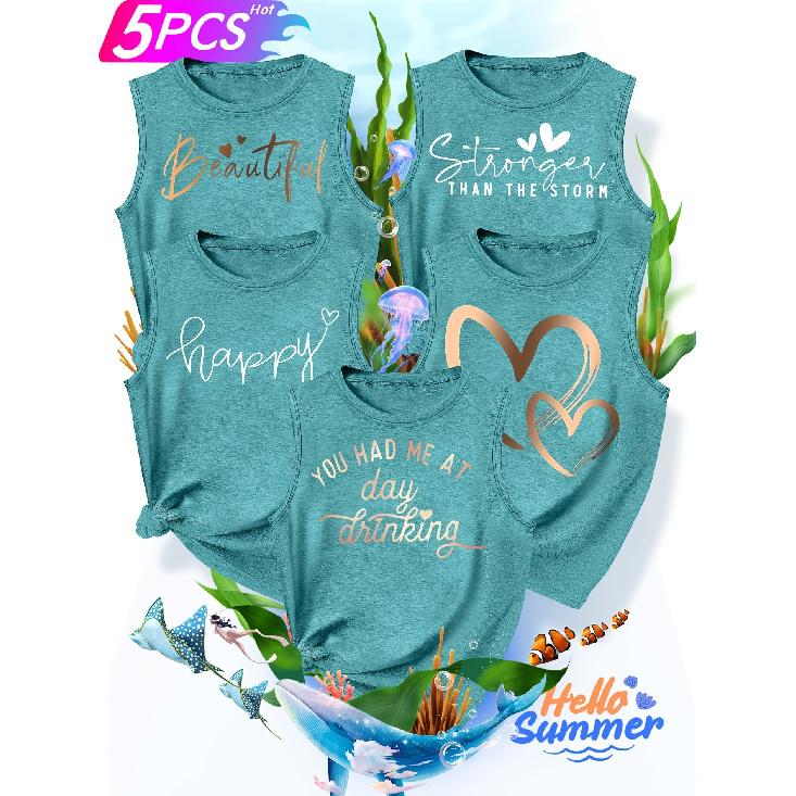 2026New Women's vest5Pieces Letter Heart Gold Foil Print Simple, Stylish, Casual, Versatile, Comfortable, Soft, Skin-friendly Spring/summer Top S-XXL