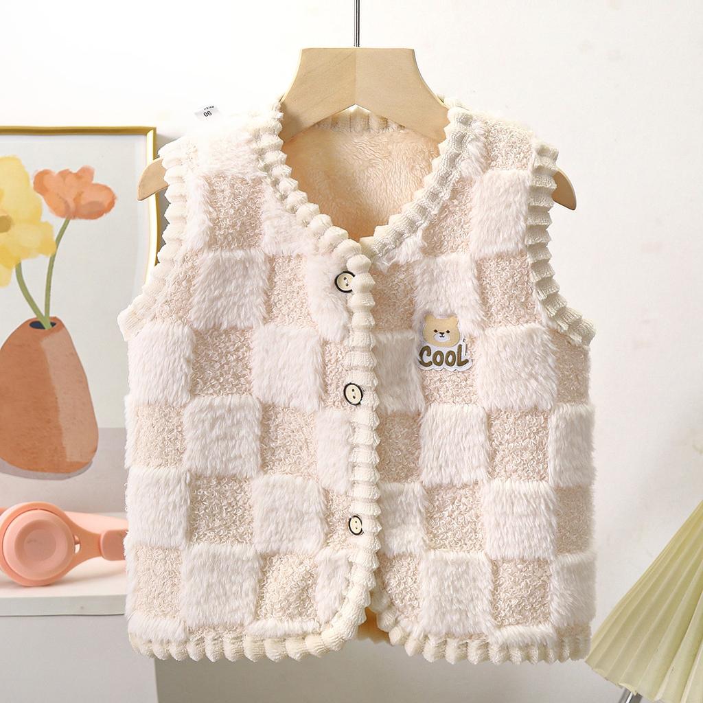 Autumn Winter Kids Lamb Wool Vest Children's Double Thick Warm Coat Checkered Pattern Baby Boys Girls Outdoor Plush Sleeveless Outerwear