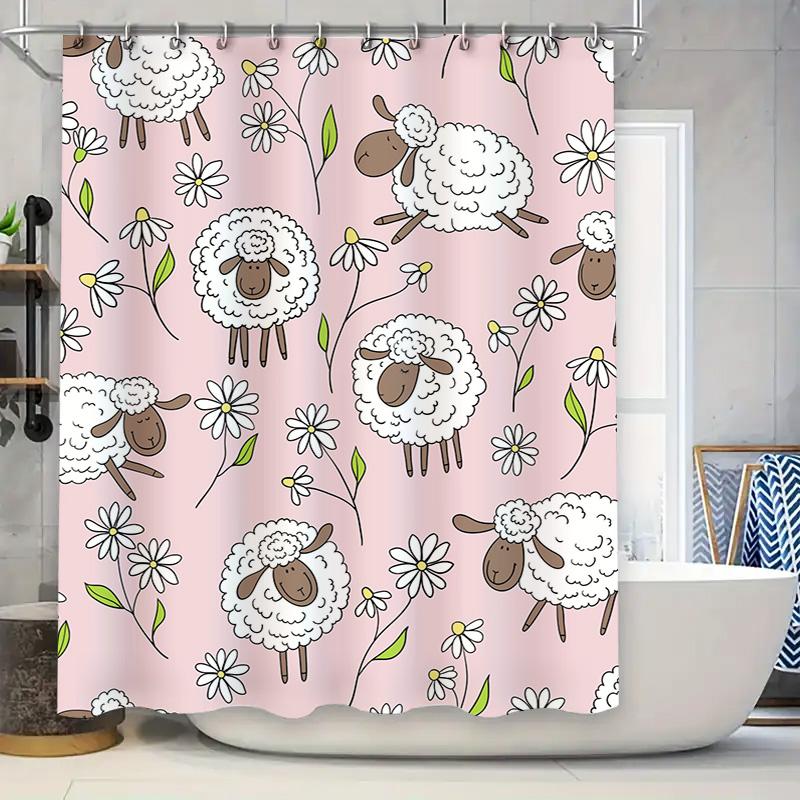 Pink Sheep Flower Shower Curtain Bathroom Decoration for Kids' Room or Kitchen