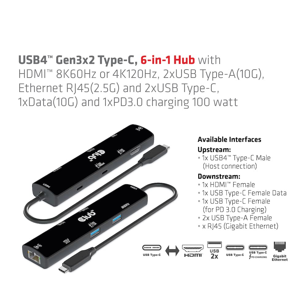 Club 3D USB4 Gen3x2 Hub HDMI 8K60Hz or 4K120Hz 2xUSB Ethernet 1xUSB 1xUSB Charging 100W Type-C 6-in-1 / Type-A (10G) / RJ45(2.5G) / Type-C Data(10G) /