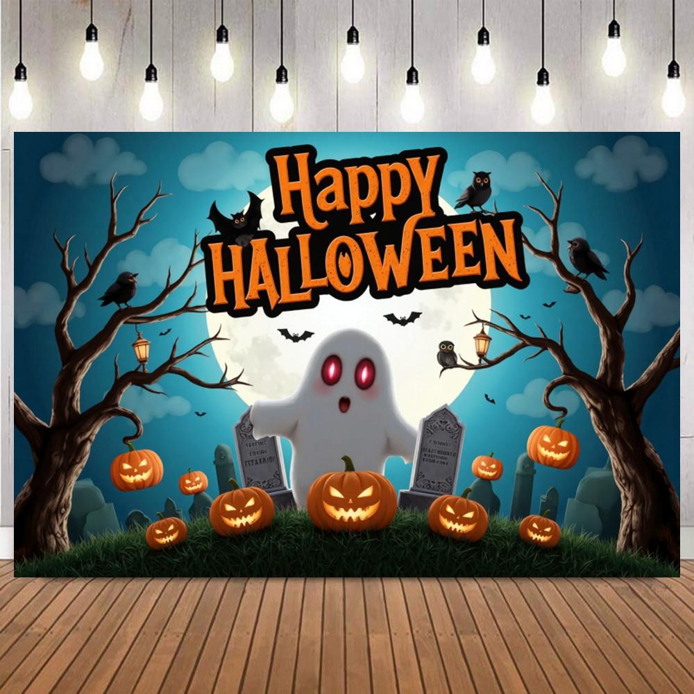 Cartoon Halloween Photo Background Tombstone Full Moon Ghost Pumpkin Lantern Adult Kids Party Deco Photography Backdrop Props