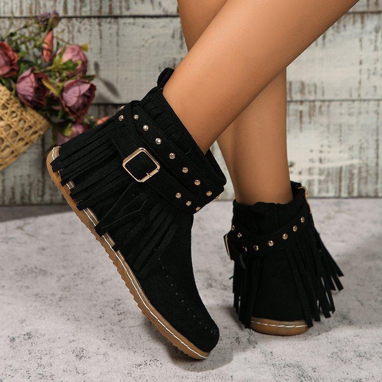 Large Size Rivet Tassel Metal Buckle with Short Tube Cigarette Boots Autumn and Winter New Flat-bottomed Warm Women's Boots