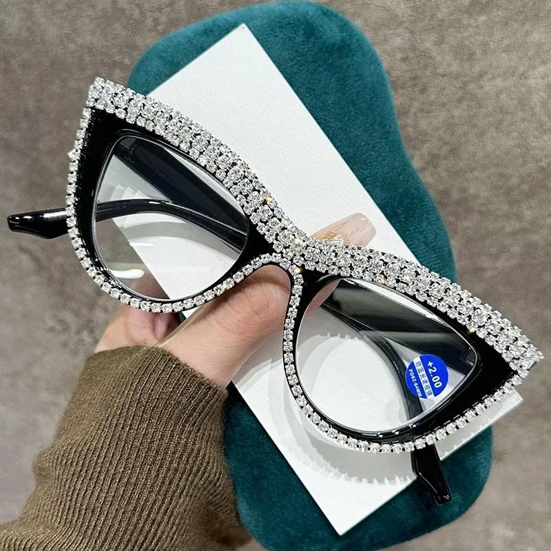 Women'S Luxury Cat Eye Reading Glasses Shining Diamond Far Sight Eyeglasses For Ladies Unisex Blue Light Blocking Presbyopia