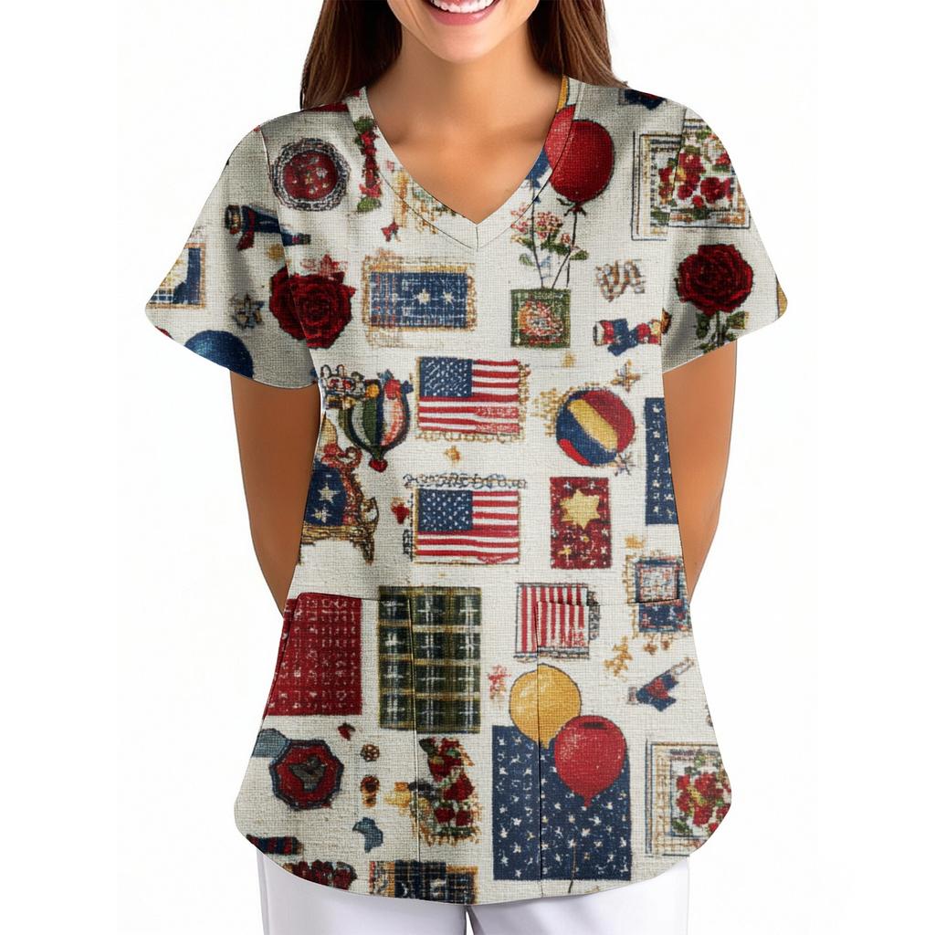 Women's Independence Day Printed Loose V-Neck Pocket Short-Sleeve Caregiver/Uniform