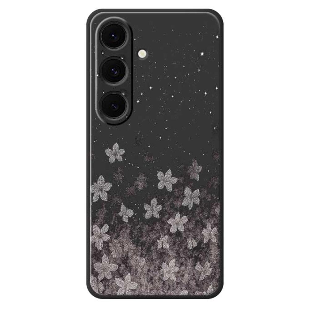 

For Samsung Galaxy S24 FE Case Grey Flowers Pattern Printing Straight Edge TPU Phone Back Cover Black