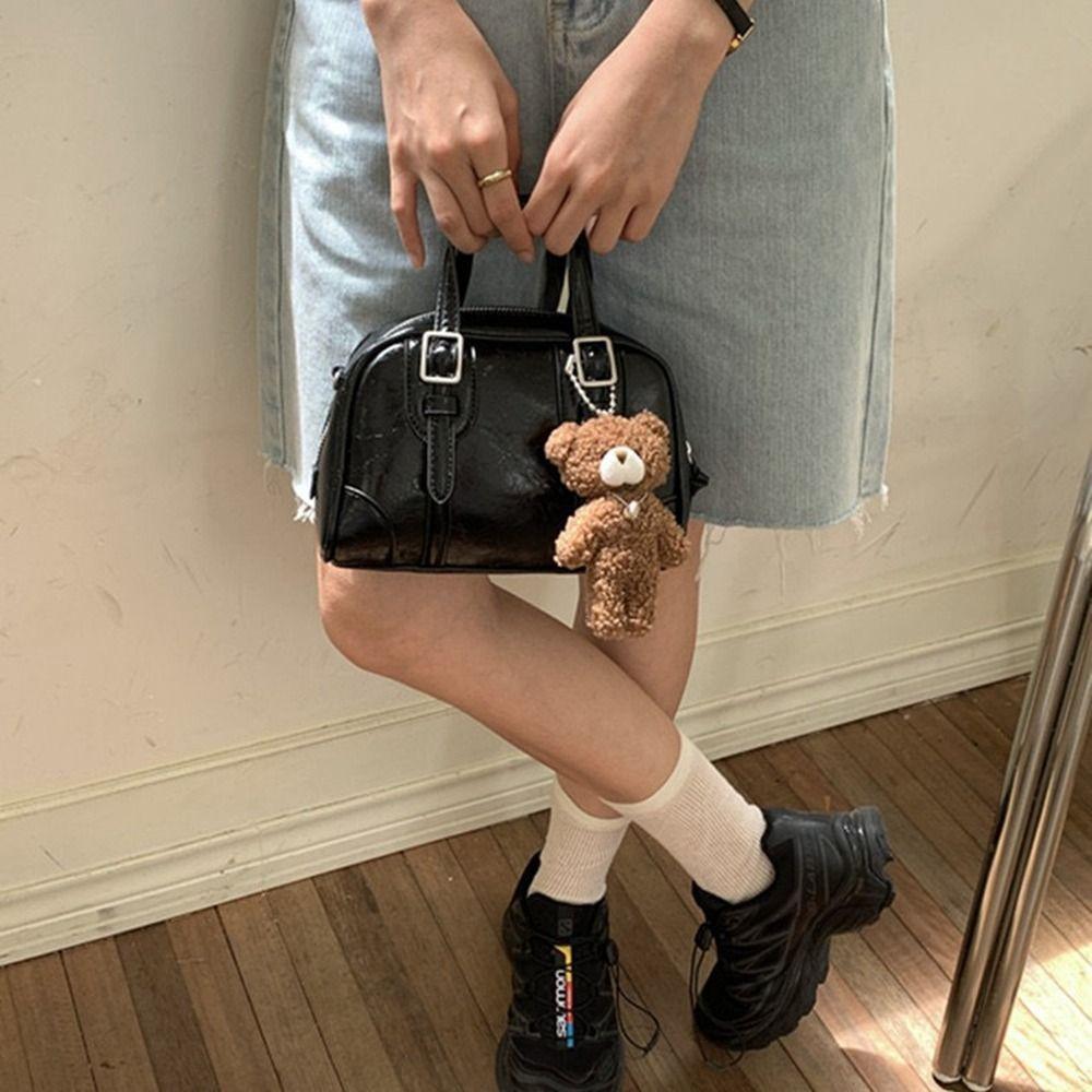 Shoulder Bag Retro Handbag Solid Color Boston Bag Fashion PU Bowling Bag  Travel