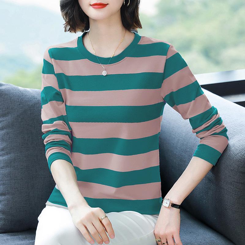 Middle-aged Mom Autumn Clothes Plus Size Loose Cotton Long Sleeve T-shirt Women's Autumn Clothes Wear Undershirts with Striped Tops