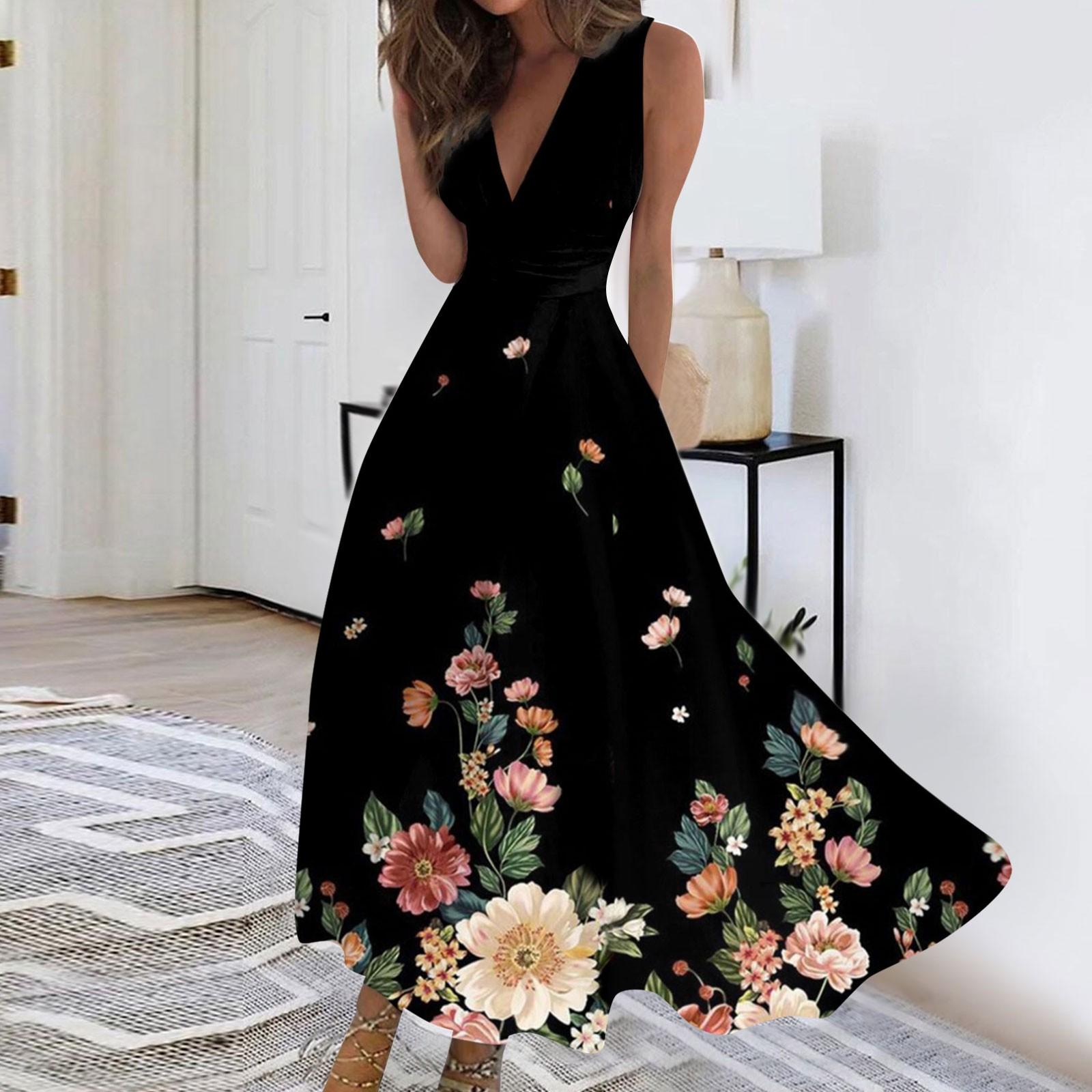 

Женское длинное платье Платье макси Повседневное платье Свободное платье Платье трапециевидной формы с цветочным принтом Мода Уличная одежда На открытом воздухе Повседневные с принтом для свиданий Платье без рукавов с V-образным вырезом L чёрный