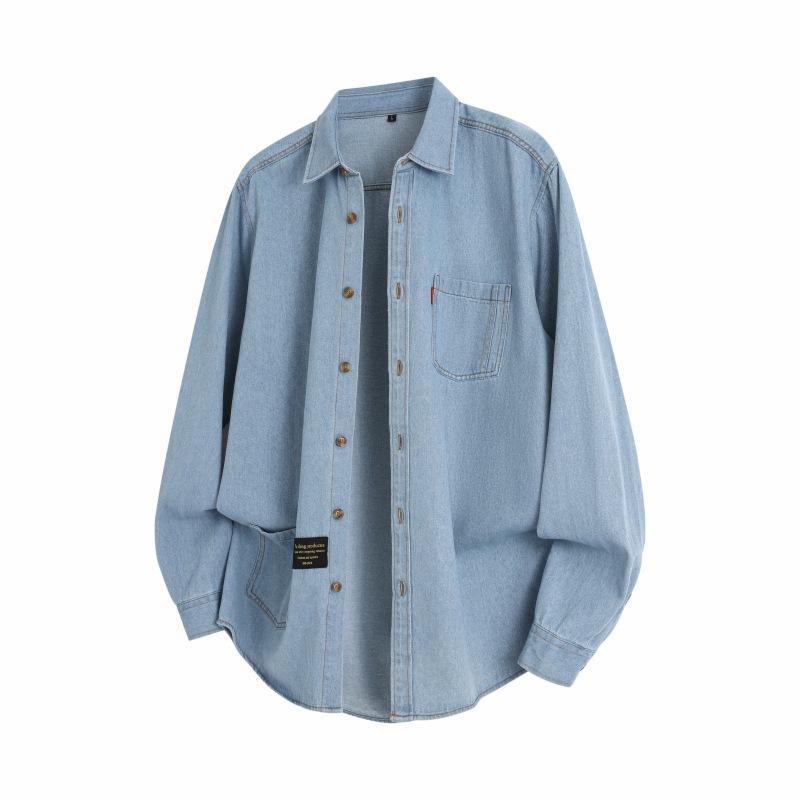 

Spring And Autumn Men S Solid Color Denim Long Sleeve Shirt Men S Loose Casual Lapel Shirt Jacket M светло-синий