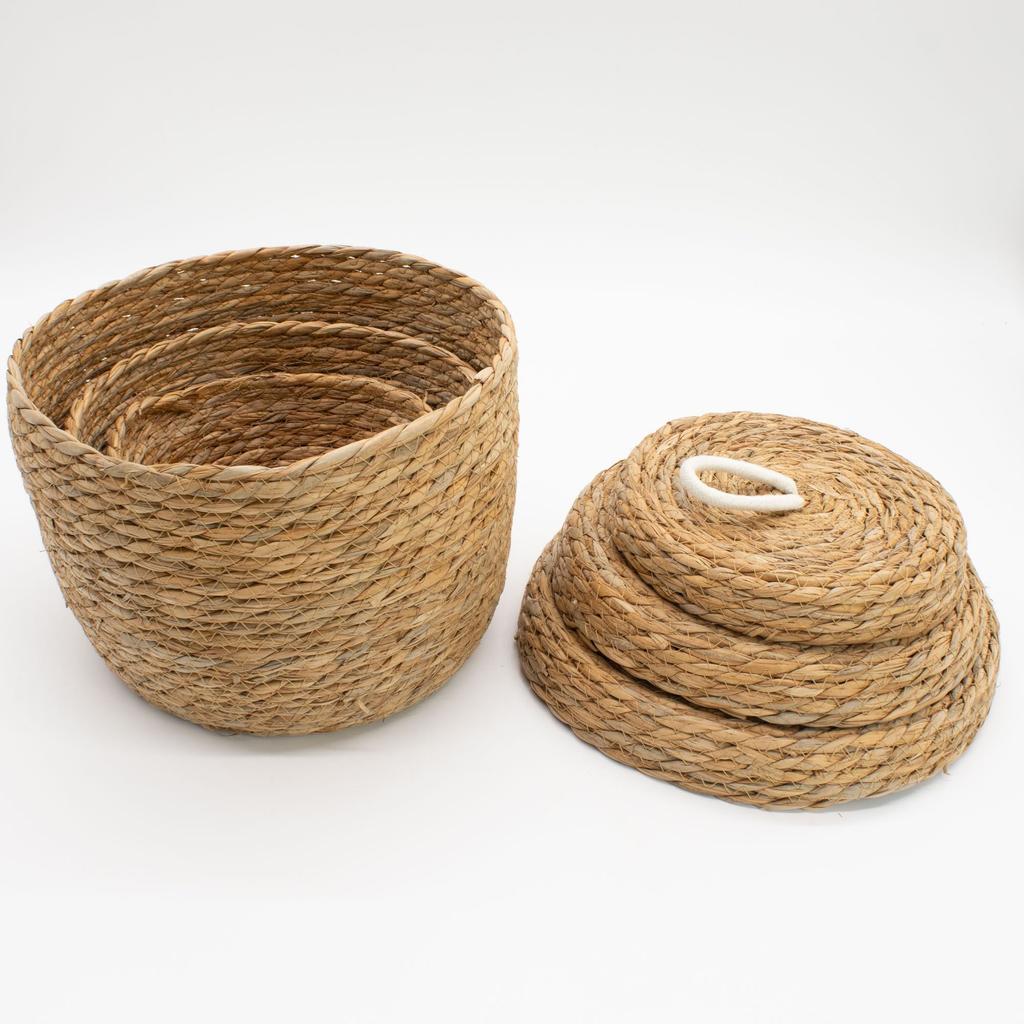 Seagrass & Cotton Round Baskets with Lids – Natural – Set of 3