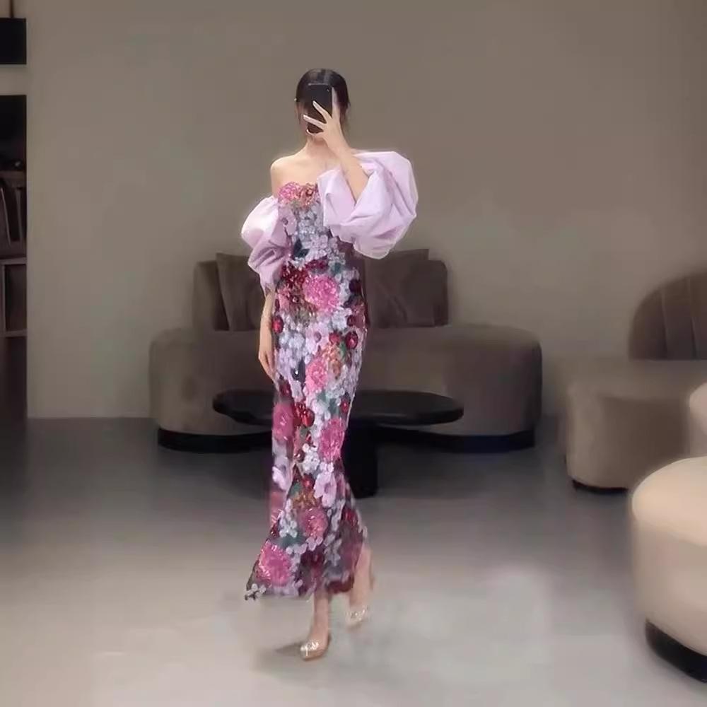 New Chinese morning robe engagement dress dress dress toast dress morning robe dress bride heavy industry sequined tube top fishtail dress