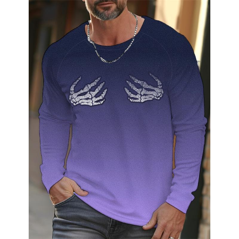 Skull Hand Printed Pullover Autumn and Winter Men's Casual Long Sleeve Round Neck Sweatshirt Gradient Color Men's Clothing