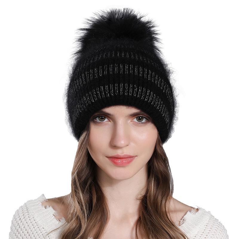 Women Winter Sliver Thread Versatile Rabbit Hair Raccoon Fur Ball Knitted Warm Pullover Hat