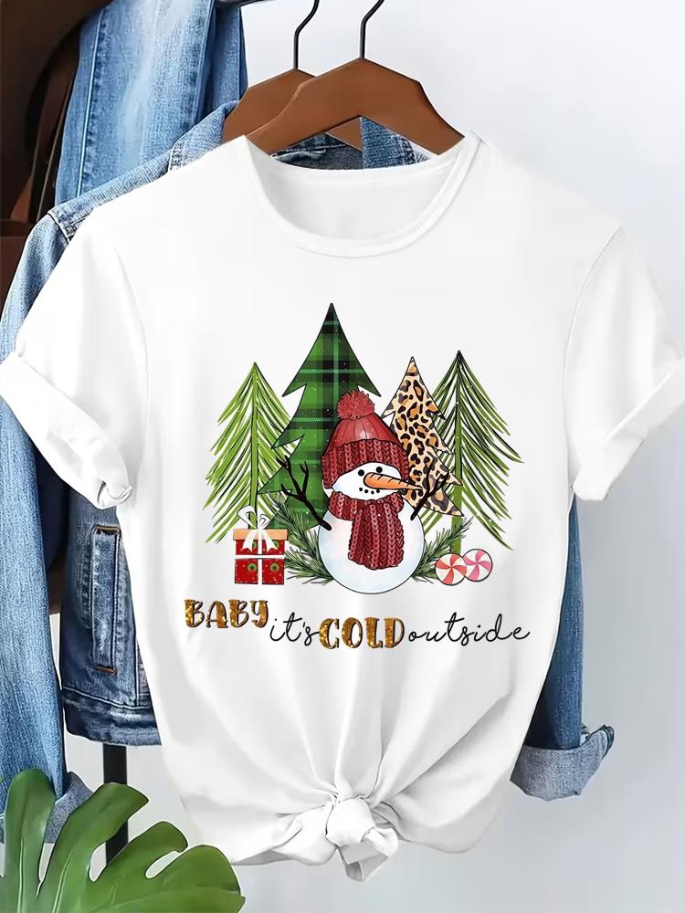 (Asian Size) letter style  Short Sleeve T-shirts  Merry Christmas Women's Top O-neck T Shirt Print  Fashion Casual New Year Clothing Graphic Tee