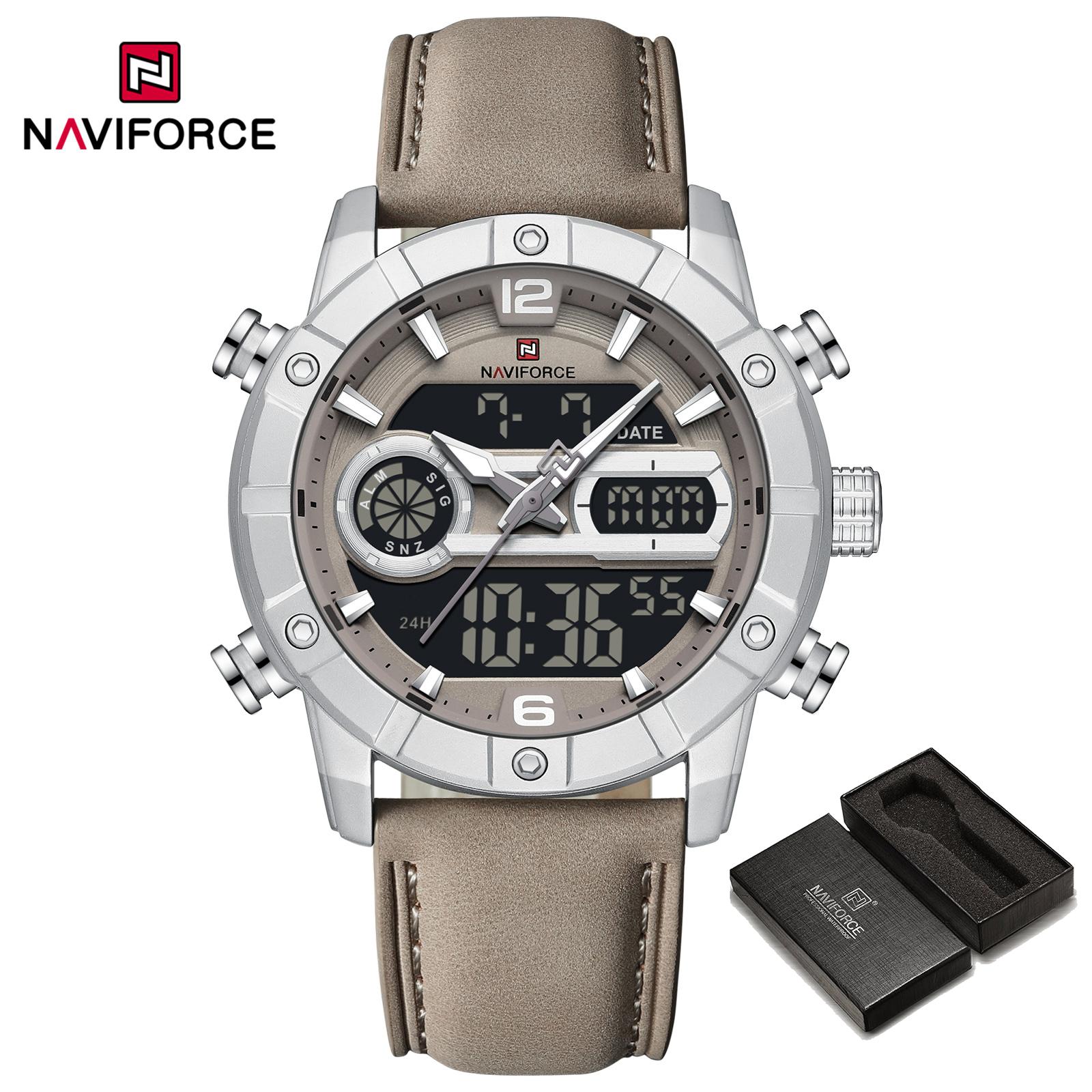 

Годинник NAVIFORCE для чоловіків Подвійний час Люмінесцентні стрілки Кварцовий механізм РК-дисплей Шкіряний ремінець Водонепроникний Чоловічий годинник Подарунок NF9263 сірий