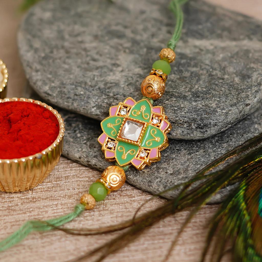 Набор: браслет Ракхи, Синдур и Рис, Green & Pink Meenakari Rakhi and Roli Chawal Set,  eCraftIndia