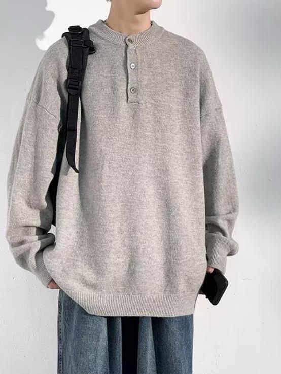 Men's Trendy High-End Henley Collar Sweater - Casual, Warm, Knitwear for Autumn/Winter