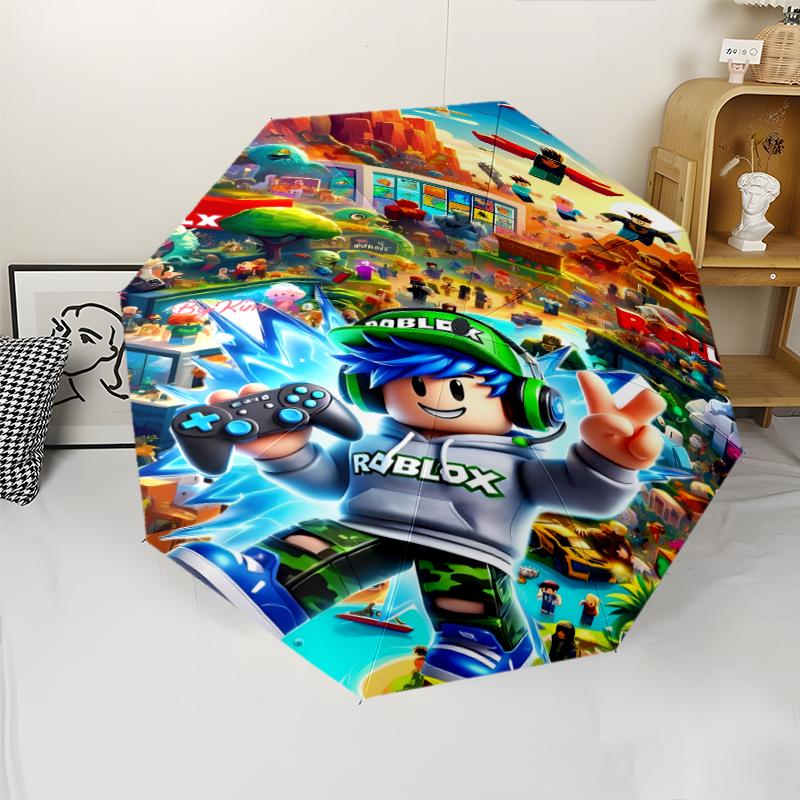 Roblox Print Automatic Umbrella, 8 Rib Iron Frame, Plastic Handle, Suitable for Outdoor Travel &Daily , Ideal Gift