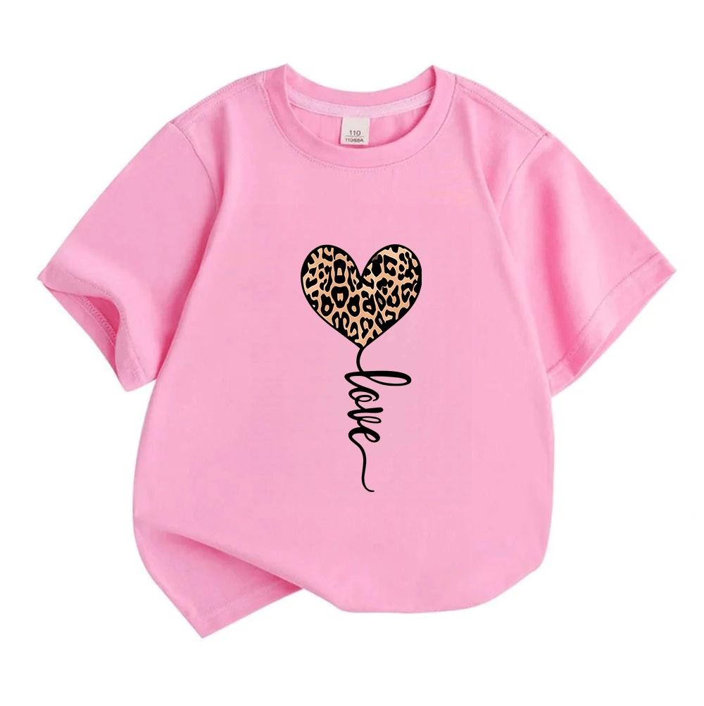 Kids Boys Girls 100% Cotton Crew Neck Short Sleeve T-Shirt, Cute Leopard Print Heart Balloon Casual Summer Tee Tops for Children Daily Wear