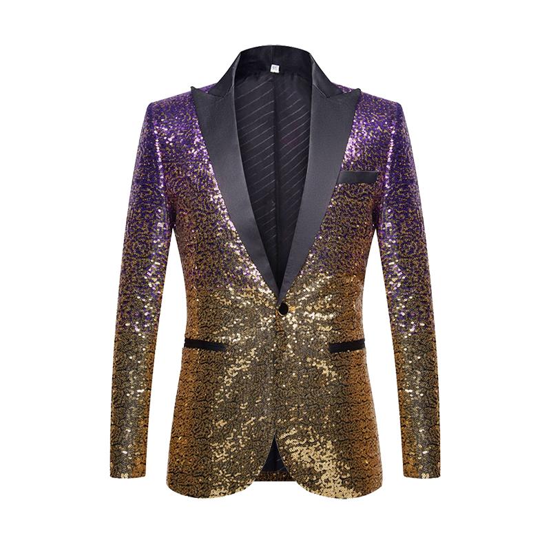 PYJTRL Mens Fashion Gradual Change Color Shiny Sequin Suit Jacket Closure Collar Blazer