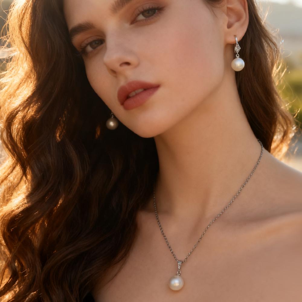 Imitation Pearl Necklaces Earrings Sets For Women Fashion Flower Cubic Zirconia Pendant with Chain Birhday Gift