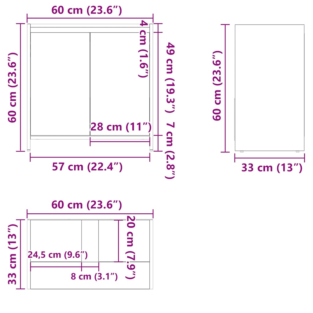 Bathroom Cabinet Sonoma Oak Finish 60 x 33 x 61 cm Particleboard