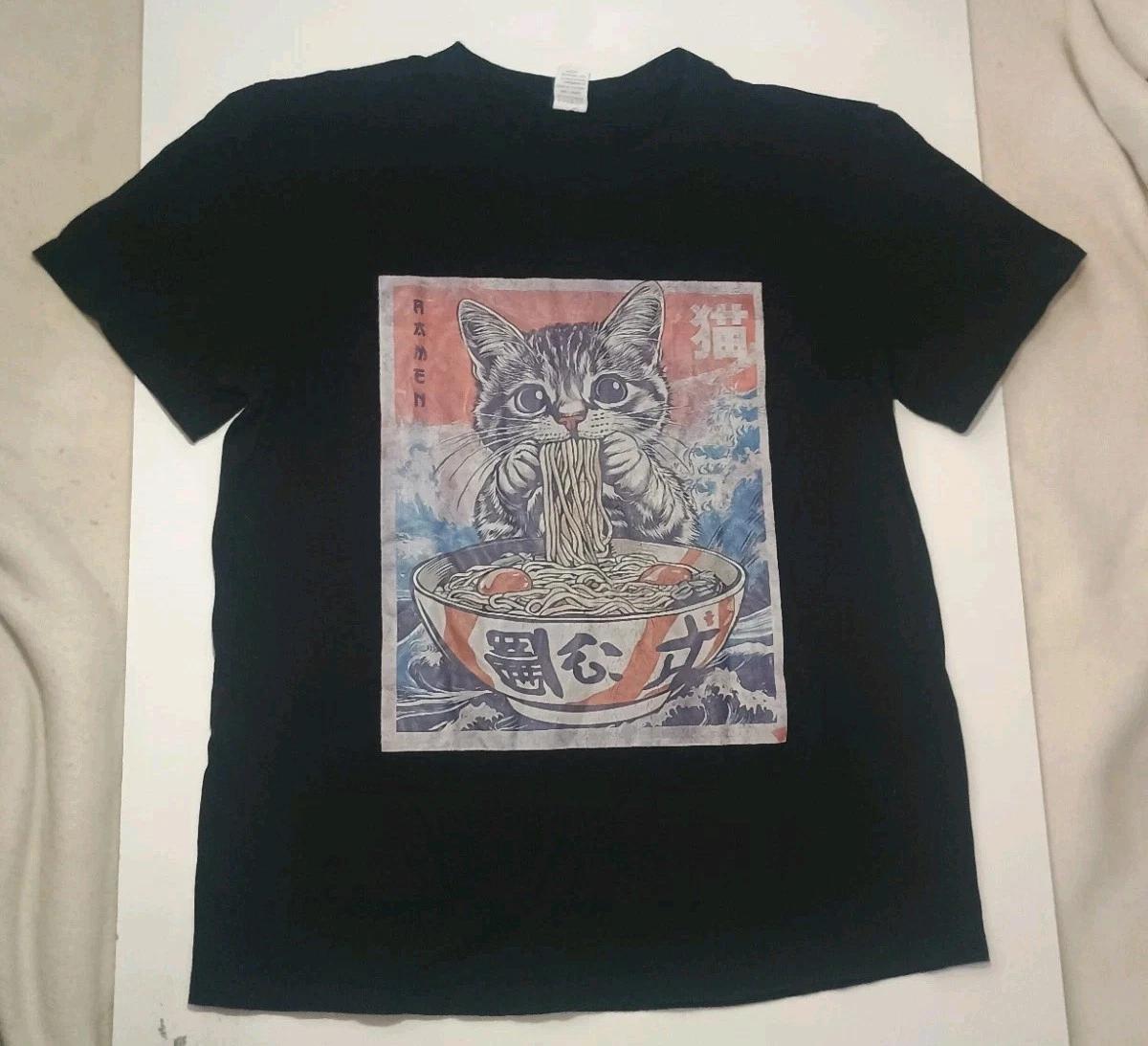 Cat Ramen T Shirt Men’s [Medium] Black Japanese Style Graphic Noodle Tee S