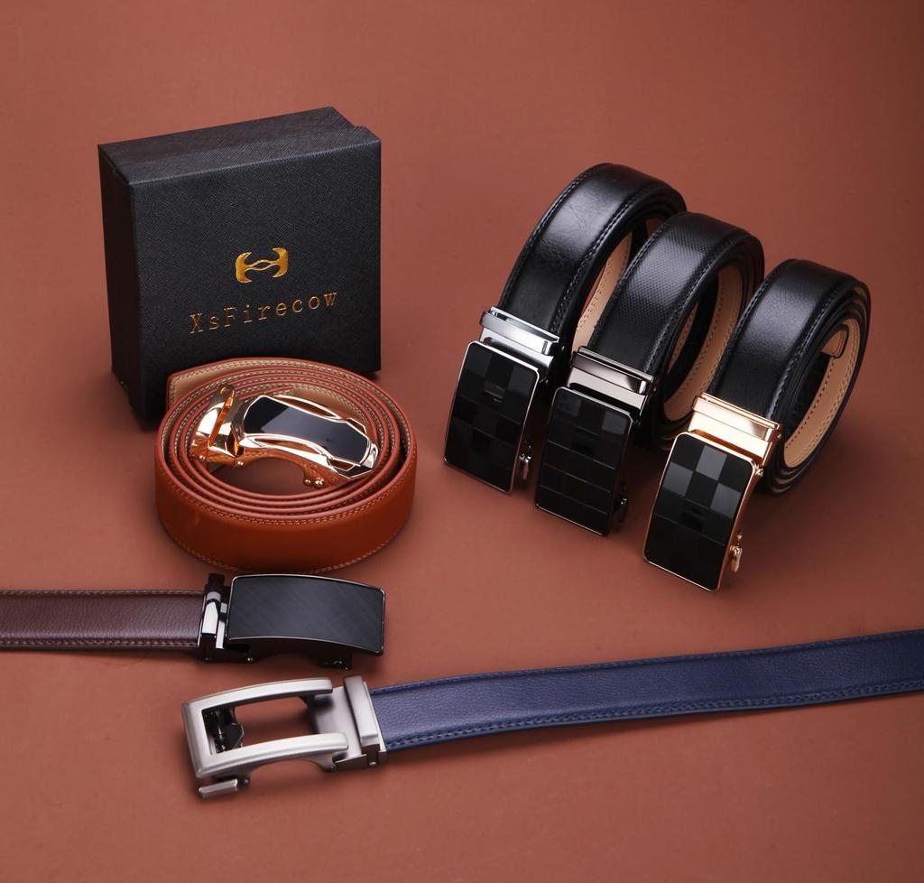 XsFireCow Stylish Black Leather with Black No for Business or Casual 130cm Men's Auto-Lock Belt, Buckle, Holes, Wear, (Black 19)