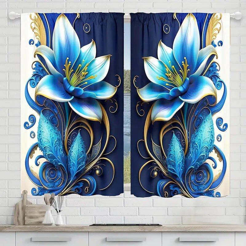2PCS- Blue Floral Elegant 3D Gold Line Vortex Pattern Printed Curtains, Window Decoration, Home Decoration, Room Decoration