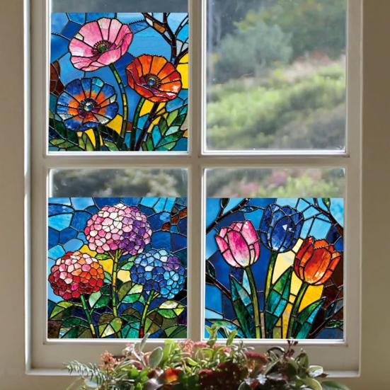 3 Pcs Stained Glass Flowers Window Privacy Film Colorful Floral Window Clings Sun Blocking Removable Static Stickers for Living Room Bathroom