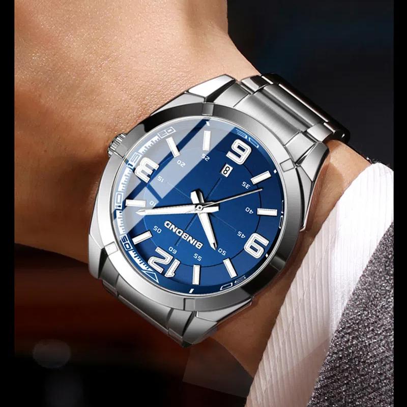BINBOND Men's Watch Big Digital Fashion Business Waterproof Calendar Night Light Stainless Steel Quartz Men's Watch Men's Gift
