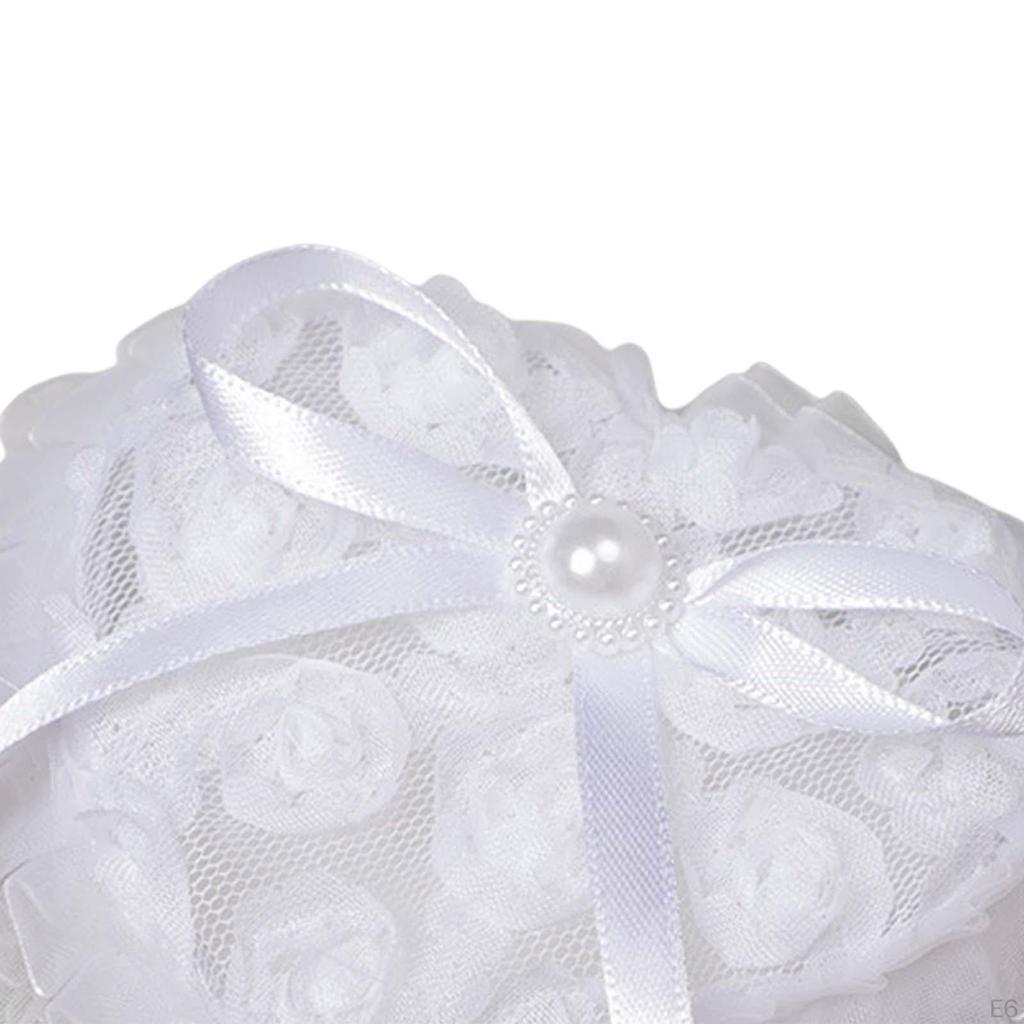 Bridal Ring Holder Cushion Heart Shaped Bearer Box Romantic Pillow with Ribbon for