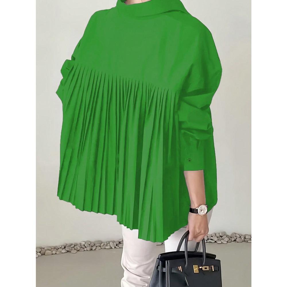 Dámská košile s klasickým límcem a dlouhým rukávem, oversized střih, jednobarevná, plisovaná, asymetrický lem, nadměrná velikost, ležérní, kancelářská halenka