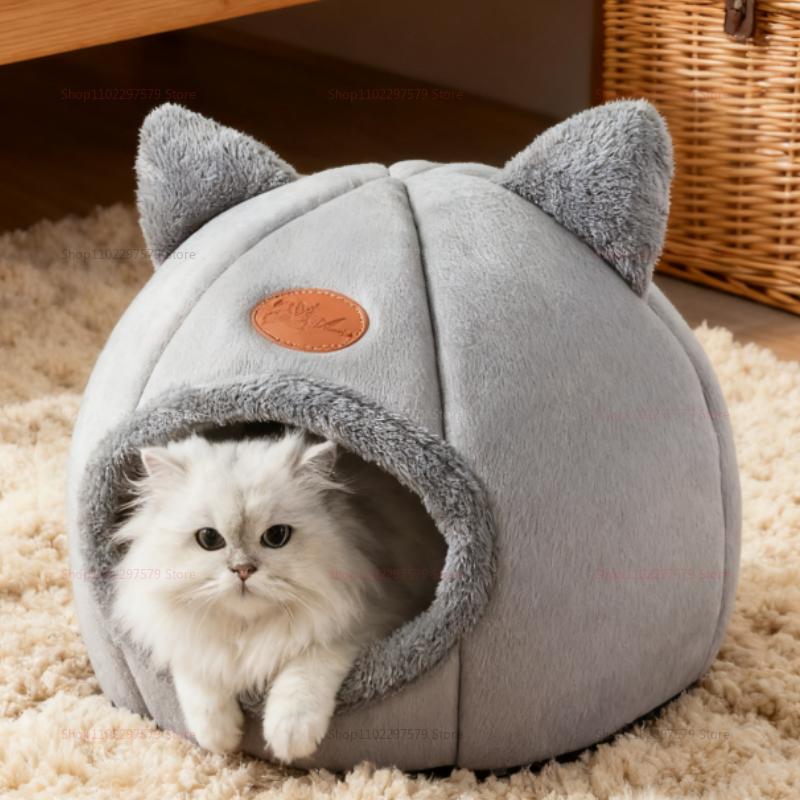 Semi-Enclosed Winter Warm Cat Bed, Windproof Cold Resistant Large Pet Nest, Comfortable Indoor Kitten Sleeping House