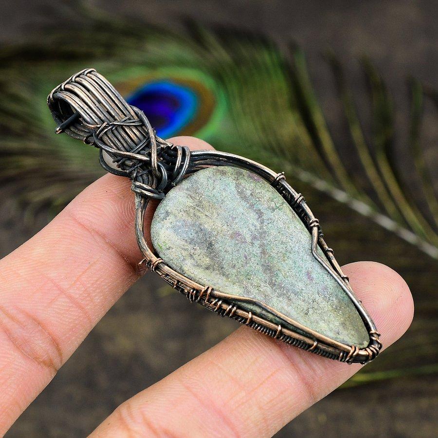 Ruby in Fuchsite, Moonstone Gemstone Copper Wire Wrap Jewelry Pendant 2.96" N2l65
