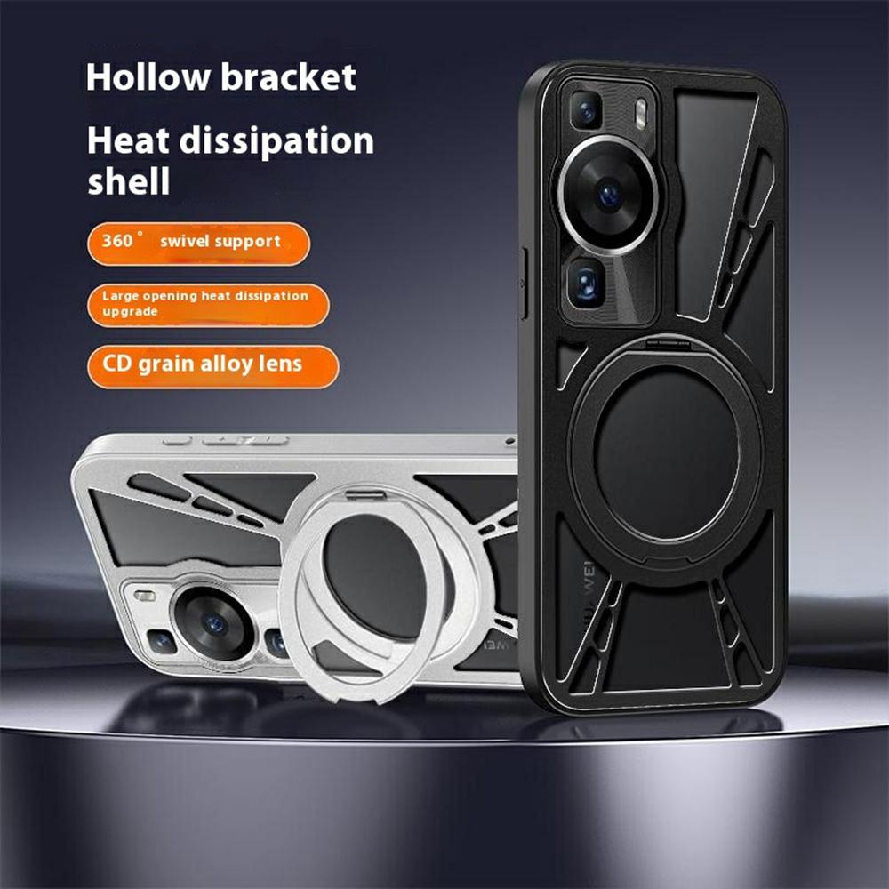 

For Huawei P60/P60 Pro Case Magnetic Kickstand Hollow Heat Dissipation Silicone+PC+Metal Bumper Phone Cover Silver