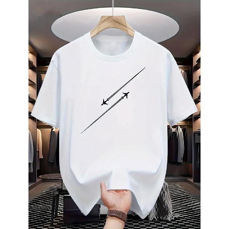 Men s Cotton Graphic T-Shirt - Casual Loose Fit, Breathable & Comfortable, Geometric Airplane Print Design, Summer Essential for Casual Attire, S белый