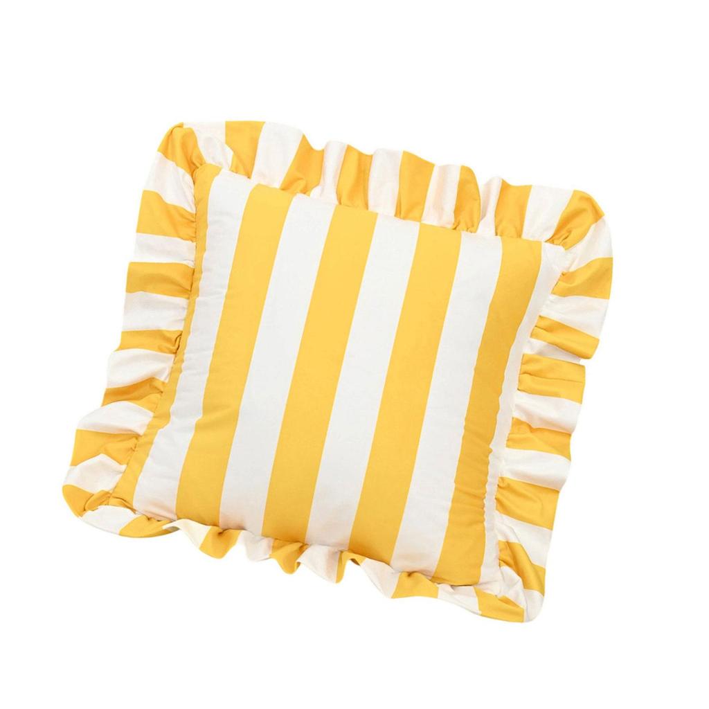 Decorative Ruffled Edge Cushion Case Soft Polyester Fabric Striped Pattern Home Accent Square Throw Pillow Cover