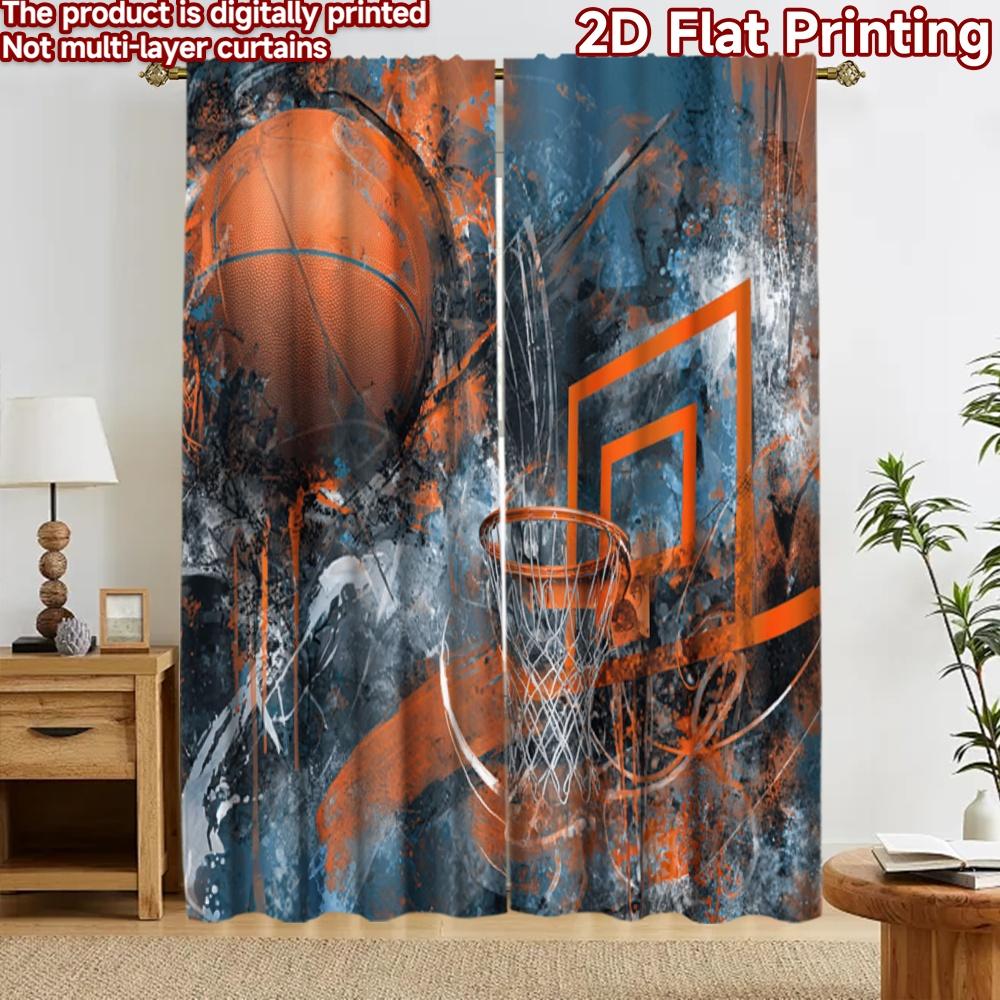 2D Flat Printing 2pcs Curtain Curtains Basketball Hoop Art Digital Printed Polyester Drapes Festive Holiday Perfect for All