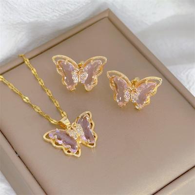 Mode europäischen und amerikanischen niedlichen Micro-Intarsien Schmetterling Halskette Ohrringe Set klassische leichte Luxus transparent Edelstahl