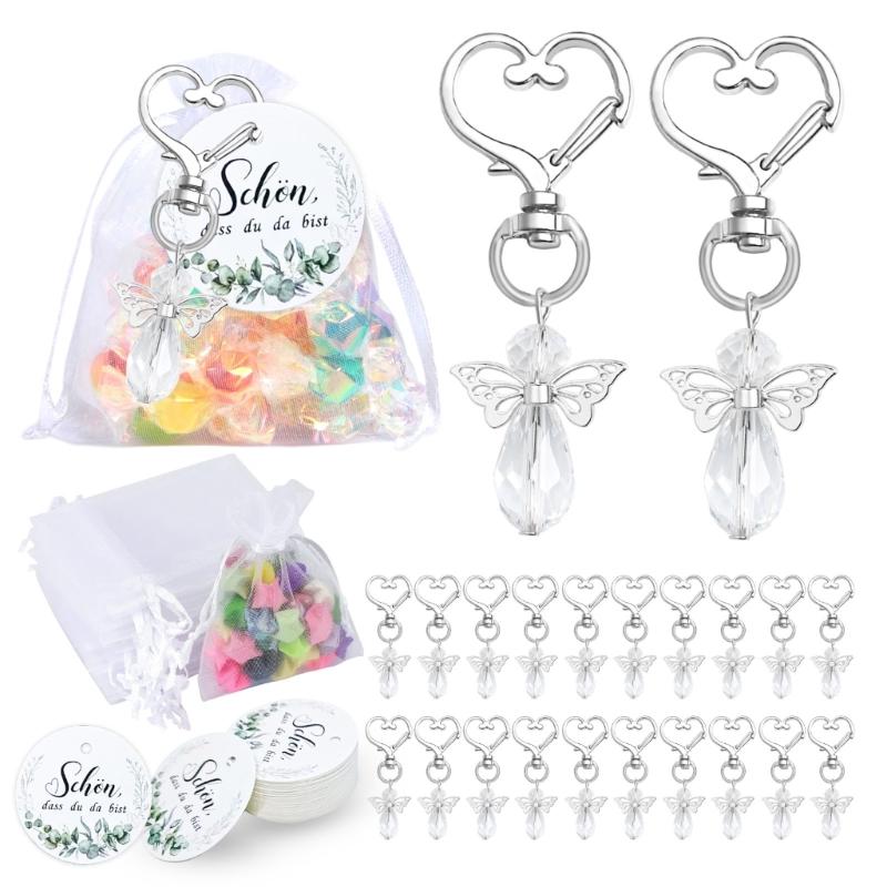 30Pcs Angel Wing Charm Keychain Decorative Key Holder with Drawstring Gauze Bag and Labels for Baby Showers Wedding