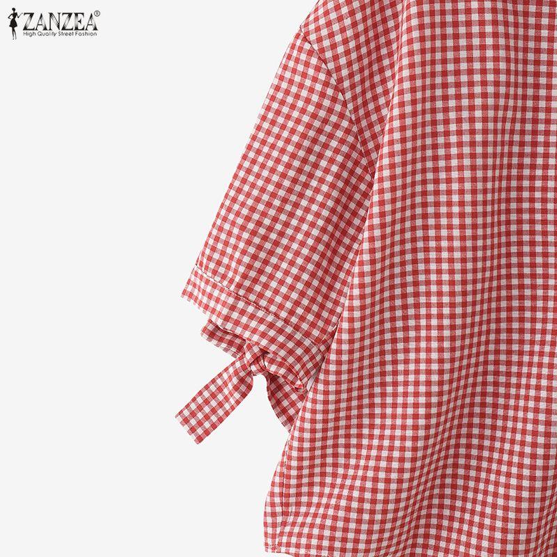 ZANZEA Damen Lässig Locker Reverskragen Kariert 3/4-Ärmel Bluse