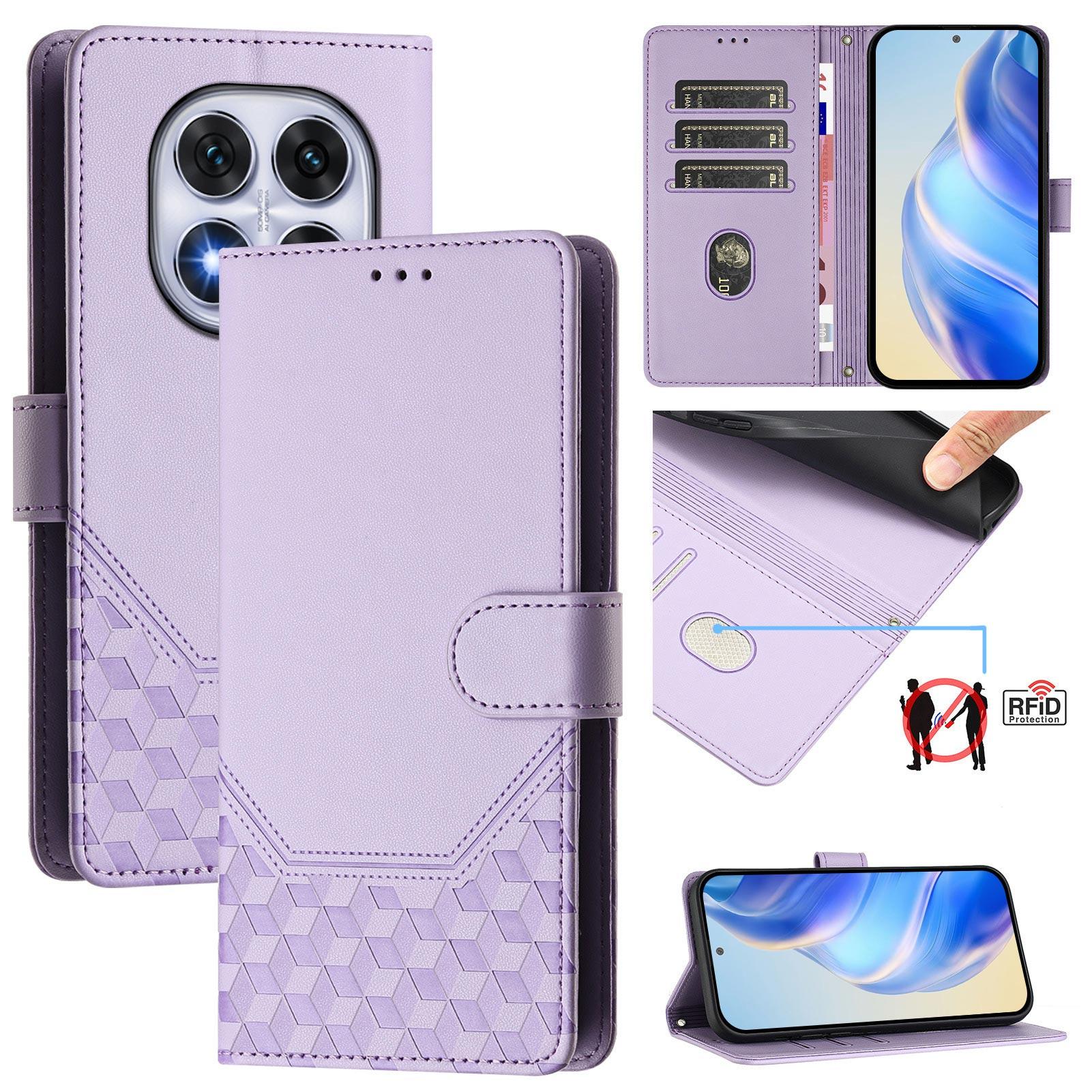 

Для Xiaomi Redmi Note 14 Pro+ 5G/Note 14 Pro 5G/Poco X7 5G Чохол з тисненням Соти , шкіряний чохол для телефону з RFID-блокуванням, з ремінцем Light Purple