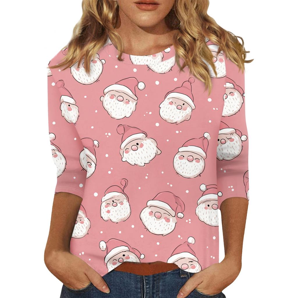 Women's O-Neck 3/4 Sleeve Christmas Print Top